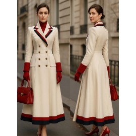 Fashion Trendy Color Blocked French Style Metal Double-Breasted Longline Peacoat
