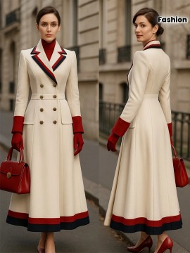 Fashion Trendy Color Blocked French Style Metal Double-Breasted Longline Peacoat