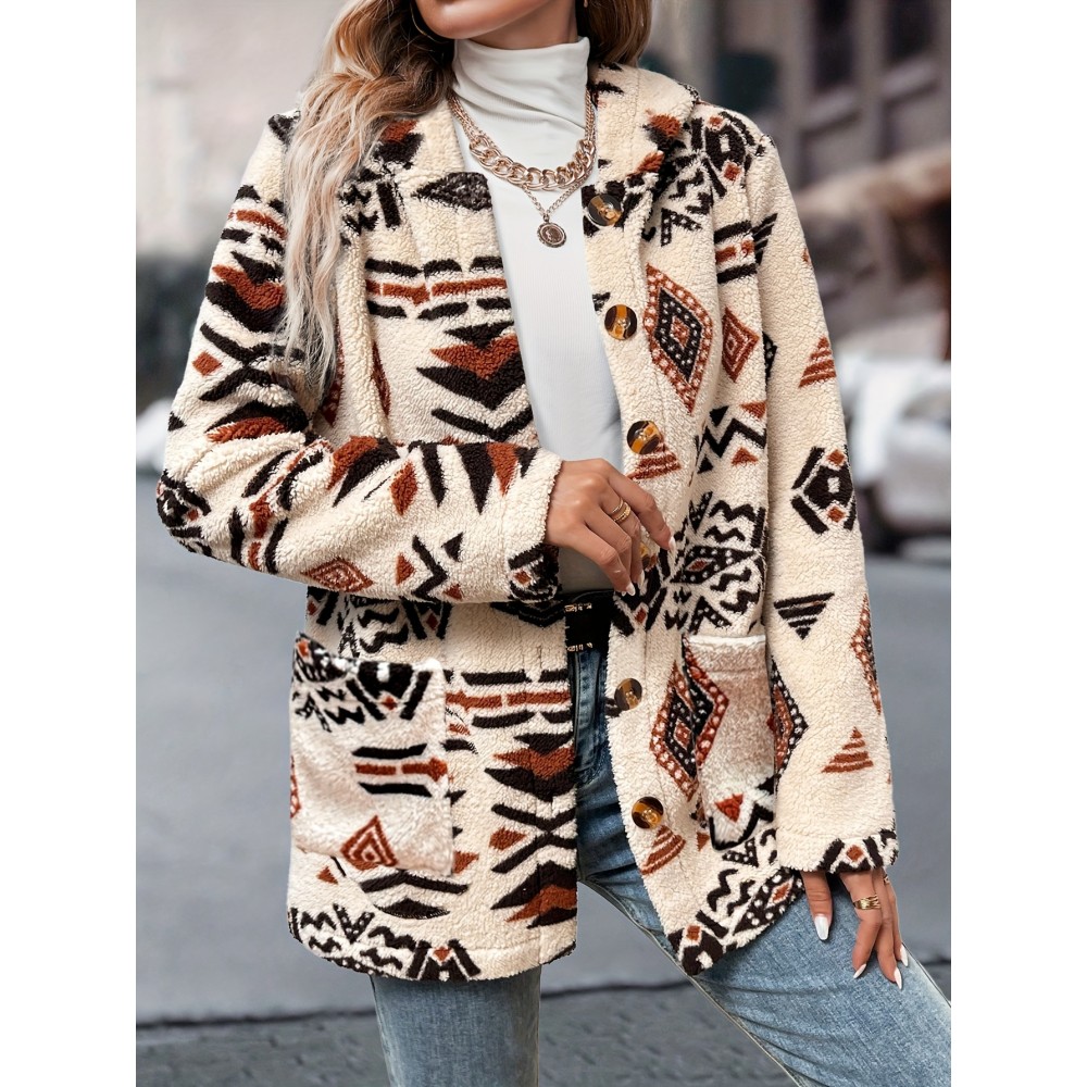 Women's Aztec Geometric Print Hooded Fleece Coat - Mid-Length Casual Winter Jacket with Front Pockets, Machine Washable & Single-Button Closure for Autumn/Winter Outings, Autumn Fashion, Ethnic Pattern Design, Durable Warmth