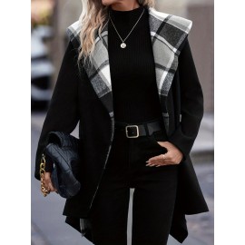 Women'S Elegant Mid-Length Winter Coat with High Neck and Plaid Patchwork Design - Warm, Lightweight, and Stylish for Office or Holiday Season, Warm Weather Jacket | Plaid Pattern Coat | Structured Coat