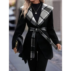 Women'S Elegant Mid-Length Winter Coat with High Neck and Plaid Patchwork Design - Warm, Lightweight, and Stylish for Office or Holiday Season, Warm Weather Jacket | Plaid Pattern Coat | Structured Coat