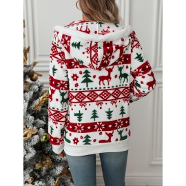 [Christmas Hooded Jacket] Christmas Plush-Lined Hooded Jacket | Festive Reindeer & Snowflake Design, Stretchy Polyester Blend, Machine Washable Winter Coat for Holiday Parties & Casual Outfits