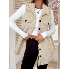 Women'S Elegant Sleeveless Flat Collar Button Front Jacket with Faux Pockets - Cozy Brown Plaid Pattern, Long Length, Perfect for Fall/Winter Casual Wear, Winter Clothes