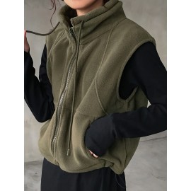 Women's Elegant High-Neck Sleeveless Zipper Jacket - Solid Color Olive Green Winter Coat, Full-Zip Closure, Structured Non-Stretch Design for Fall & Winter, Versatile Outerwear for Casual & Formal Occasions