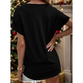 [Festive Christmas Tree Print Tee ] Women'S Christmas Tree Print T-Shirt, Polyester Blend, V-Neck, Short Sleeve, Knit Fabric, Casual Pullover with Slight Stretch, for Festive Holiday Top