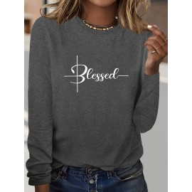 Chic Geometric Print Long Sleeve T-Shirt for Women - Casual Crew Neck, Soft Polyester, Perfect for Fall & Winter