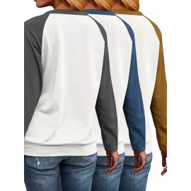 [3pcs Women's T-Shirt Set] 0623Gwen Women's 3pcs T-Shirt Set | Casual Color-Block Long Sleeve Tops, Solid Colors, Machine Washable, Wear Alone Layered, All Seasons, Autumn/Winter