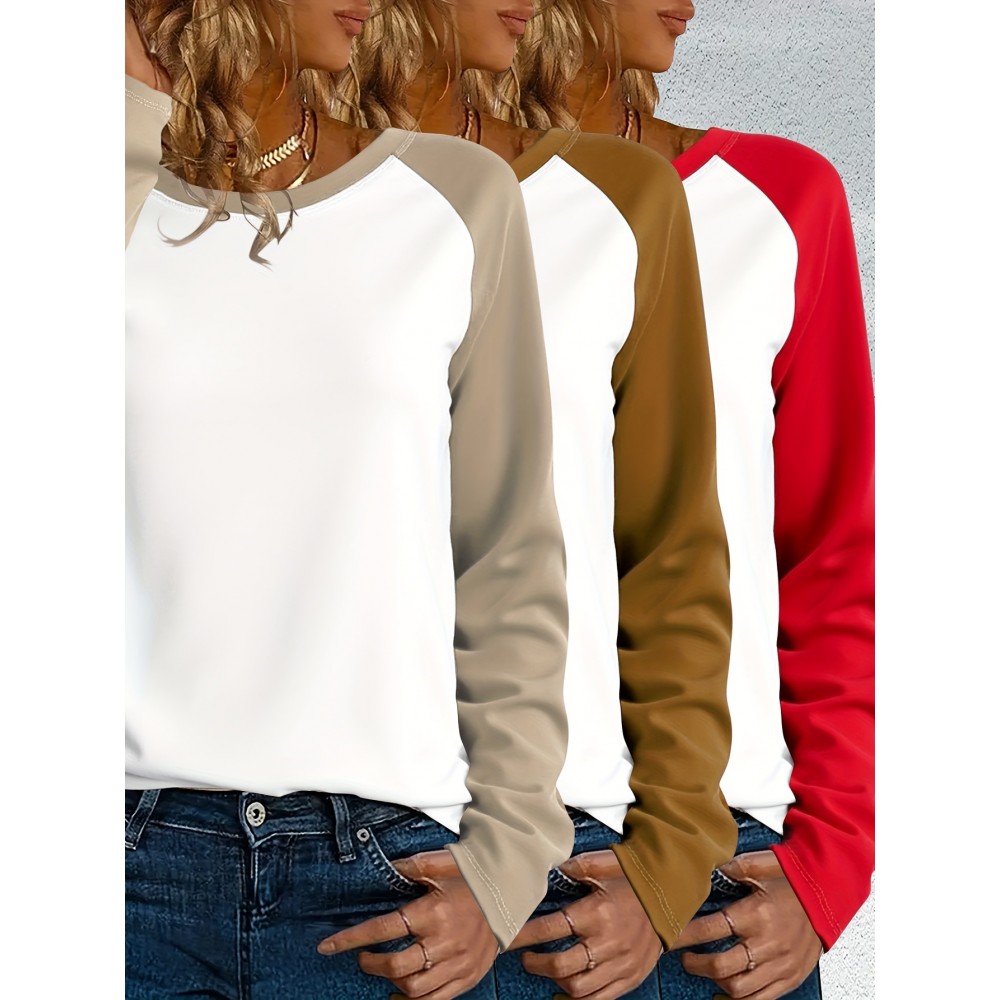 [3pcs Women's T-Shirt Set] 0623Gwen Women's 3pcs T-Shirt Set | Casual Color-Block Long Sleeve Tops, Solid Colors, Machine Washable, Wear Alone Layered, All Seasons, Autumn/Winter