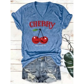 [Cherry Print T-Shirt] Women's Casual Summer V-Neck T-Shirt with Red Cherry Print and Happy Ankle-Day Applique Detail, Short Sleeve Graphic Tee