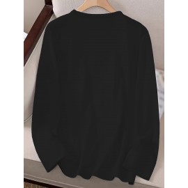 Women's Black Long Sleeve Crew Neck T-Shirt with White & Grey Titmouse Bird & Red Berry Graphic Print - Soft Casual Fall Winter Top, Machine Washable Everyday Comfortable Shirt for Nature-Inspired Outfits