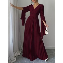 Elegant Long Sleeve V-Neck Pleated Maxi Dress with Side Slit - Maroon, Cinched Waist, Flowing Design for Women, Perfect for Spring & Fall, Cute Dress