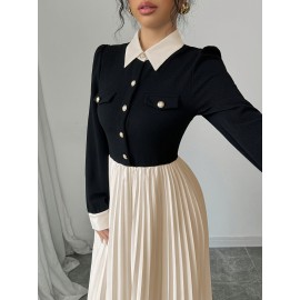[Elegant Dress for Women] Golden Button Elegant Dress for Women with Contrasting Colors, Cinched Waist, Pleated Design and Long Sleeves, Perfect for Parties, Weddings, Music Festivals and Dates