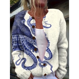 Women's 3D Printed Octopus Cardigan - Fashion All-Over Blue & White Tentacle Design, Button Front Round Neck Sweater for All-Season Wear, Casual Wear, Stylish Outerwear, Bold Pattern, Textured, Comfortable Fit