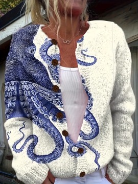 Women's 3D Printed Octopus Cardigan - Fashion All-Over Blue & White Tentacle Design, Button Front Round Neck Sweater for All-Season Wear, Casual Wear, Stylish Outerwear, Bold Pattern, Textured, Comfortable Fit