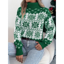 1pc Acrylic Elegant High Neck Long Sleeve Christmas Sweater for Women - Color Block Knit Fabric with Snowflake Pattern, Fall/Winter Season Pullover