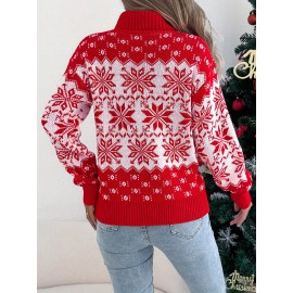 1pc Acrylic Elegant High Neck Long Sleeve Christmas Sweater for Women - Color Block Knit Fabric with Snowflake Pattern, Fall/Winter Season Pullover