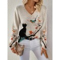 [Lightweight|Vneck Sweater] Lightweight|Vneck Sweater | Women's Elegant V-Neck Sweater with Colorful Cat & Floral Print - Long Sleeve, Button-Up Front, Perfect for Fall/Winter Commute & Casual Outings, Autumn Winter Apparel | Construction, Cat Sweater