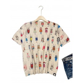 [All-Over Print] [Thin] [Sweater] All-Over Print Rabbit Woman Pattern Thin, Casual Crew Neck Short Sleeve Sweater, Women's Clothing Mother's Day Gift