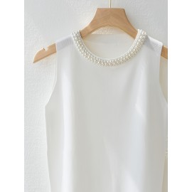 Women'S Elegant Beaded Sleeveless Vest - Solid Color Crew Neck Pullover for Spring/Summer/Fall, Chic Layering Piece with Pearl Embellishments