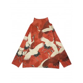 Women's Elegant Turtleneck Sweater - All-Over Crane Print in Red/Beige/Black/White, Soft Warm Pullover for All Seasons, Casual & Formal Wear, Turtleneck Sweater, Allseason Apparel, Highneck Design, Textured Knitwear, Quality Craftsmanship