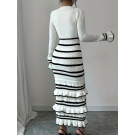 Women's Elegant Striped Dress - Slim Fit Waist-Cinching Bodycon with Ruffled Hem, Black & White Horizontal Stripes, Round Neck Long Sleeve Fall Winter Fashion, Dress