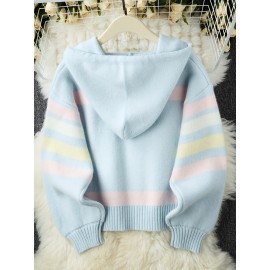[Cute Sweater] Cozy White Hooded Cardigan Sweater | Women's Casual Pullover with Pastel Rainbow Stripes, Button Front Placket & Pom-Pom Detail, Medium Elasticity, Relaxed Fit, Comfortable Texture, Stylish, Fall Winter Layering Piece
