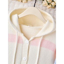 [Cute Sweater] Cozy White Hooded Cardigan Sweater | Women's Casual Pullover with Pastel Rainbow Stripes, Button Front Placket & Pom-Pom Detail, Medium Elasticity, Relaxed Fit, Comfortable Texture, Stylish, Fall Winter Layering Piece