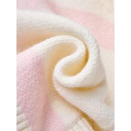 [Cute Sweater] Cozy White Hooded Cardigan Sweater | Women's Casual Pullover with Pastel Rainbow Stripes, Button Front Placket & Pom-Pom Detail, Medium Elasticity, Relaxed Fit, Comfortable Texture, Stylish, Fall Winter Layering Piece