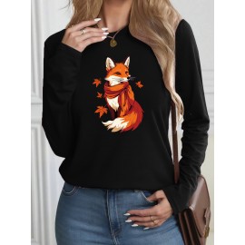 Women's Casual Long Sleeve T-Shirt with Fox & Maple Leaf Geometric Print - Vibrant Orange & Red on Grey, Round Neck, Machine Washable, Spring/Summer Vacation & Casual Attire, Versatile Streetwear, Spring Summer Apparel, Comfortable Fabric