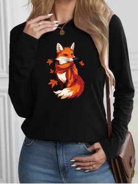 Women's Casual Long Sleeve T-Shirt with Fox & Maple Leaf Geometric Print - Vibrant Orange & Red on Grey, Round Neck, Machine Washable, Spring/Summer Vacation & Casual Attire, Versatile Streetwear, Spring Summer Apparel, Comfortable Fabric