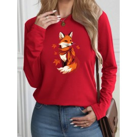 Women's Casual Long Sleeve T-Shirt with Fox & Maple Leaf Geometric Print - Vibrant Orange & Red on Grey, Round Neck, Machine Washable, Spring/Summer Vacation & Casual Attire, Versatile Streetwear, Spring Summer Apparel, Comfortable Fabric
