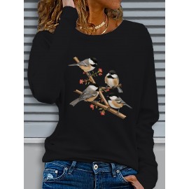 Women's Black Long Sleeve Crew Neck T-Shirt with White & Grey Titmouse Bird & Red Berry Graphic Print - Soft Casual Fall Winter Top, Machine Washable Everyday Comfortable Shirt for Nature-Inspired Outfits