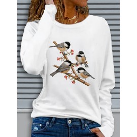 Women's Black Long Sleeve Crew Neck T-Shirt with White & Grey Titmouse Bird & Red Berry Graphic Print - Soft Casual Fall Winter Top, Machine Washable Everyday Comfortable Shirt for Nature-Inspired Outfits