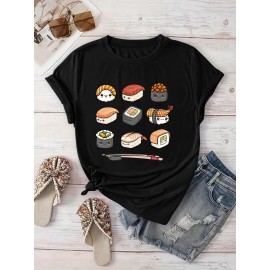 Women'S Casual Sushi Print T-Shirt - Short Sleeve Crew Neck, Vibrant Japanese Food Design, Machine Washable, Perfect for Spring/Summer Outings & Beach Vacations, Beachwear Tshirt | Playful Print Top | Machine Washable Top, Sushi Tshirt