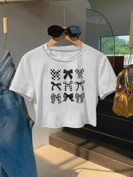 Women'S Slim Fit Bow Print Crop Top T-Shirt - Short Sleeve Crew Neck Casual Tee, Lightweight & Breathable for Spring/Summer Outfits, Machine Washable, Everyday Fashion, Everyday Tshirt | Bow Print Shirt | Glossy Texture