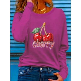 Women'S Cherry Graphic Long Sleeve T-Shirt - Vibrant Red Cherry Print, Casual Crew Neck, Machine Washable, Spring/Summer Vacation Top, Cherry Tshirt
