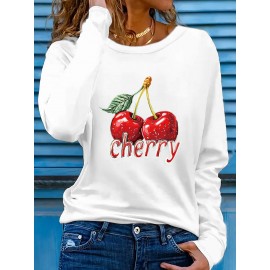 Women'S Cherry Graphic Long Sleeve T-Shirt - Vibrant Red Cherry Print, Casual Crew Neck, Machine Washable, Spring/Summer Vacation Top, Cherry Tshirt