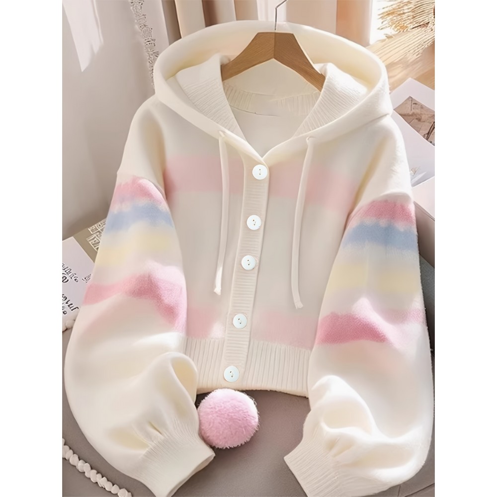 [Cute Sweater] Cozy White Hooded Cardigan Sweater | Women's Casual Pullover with Pastel Rainbow Stripes, Button Front Placket & Pom-Pom Detail, Medium Elasticity, Relaxed Fit, Comfortable Texture, Stylish, Fall Winter Layering Piece